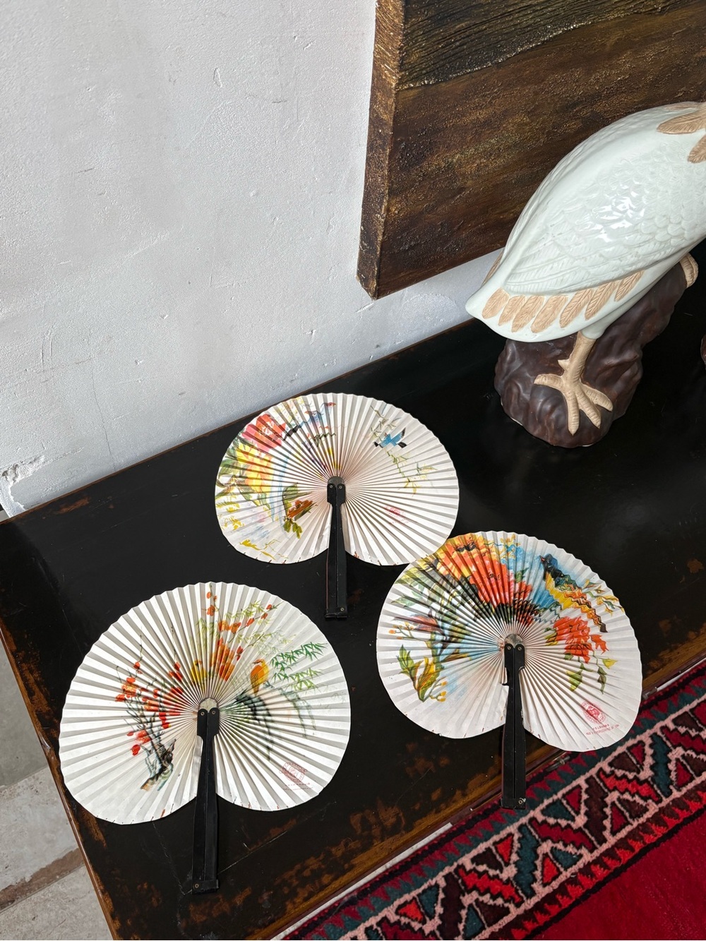 Set of 3 Handpainted Asian Folding Fans - White with Multicolor Floral Birds